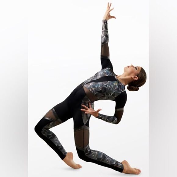 Weissman dance costume silver black Metallic Triangle Unitard 11435 LC child - Picture 1 of 14